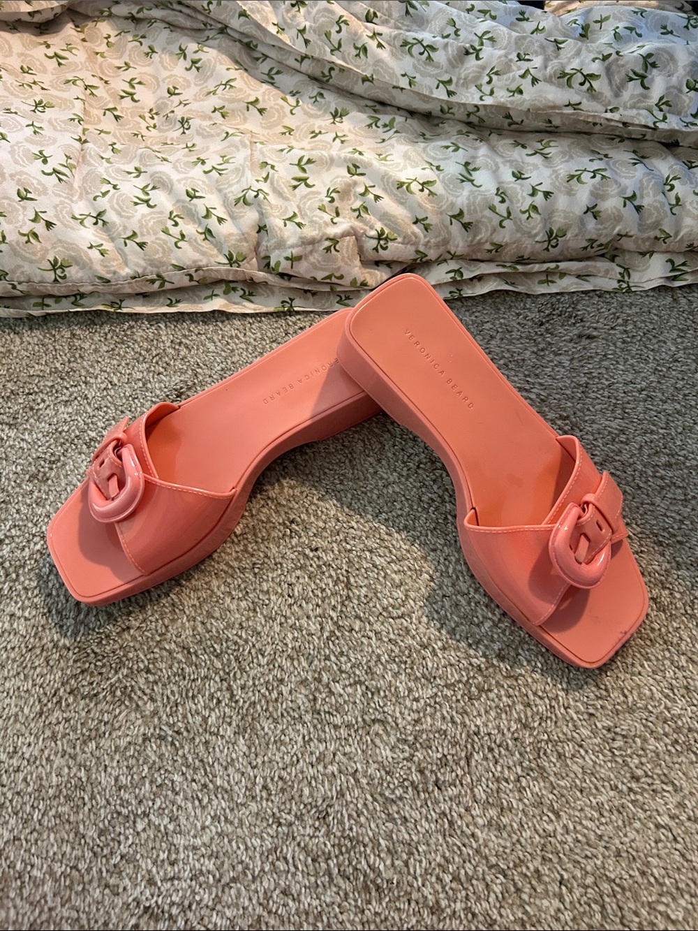 Veronica Beard Coral Slide Sandals with Buckle Detail